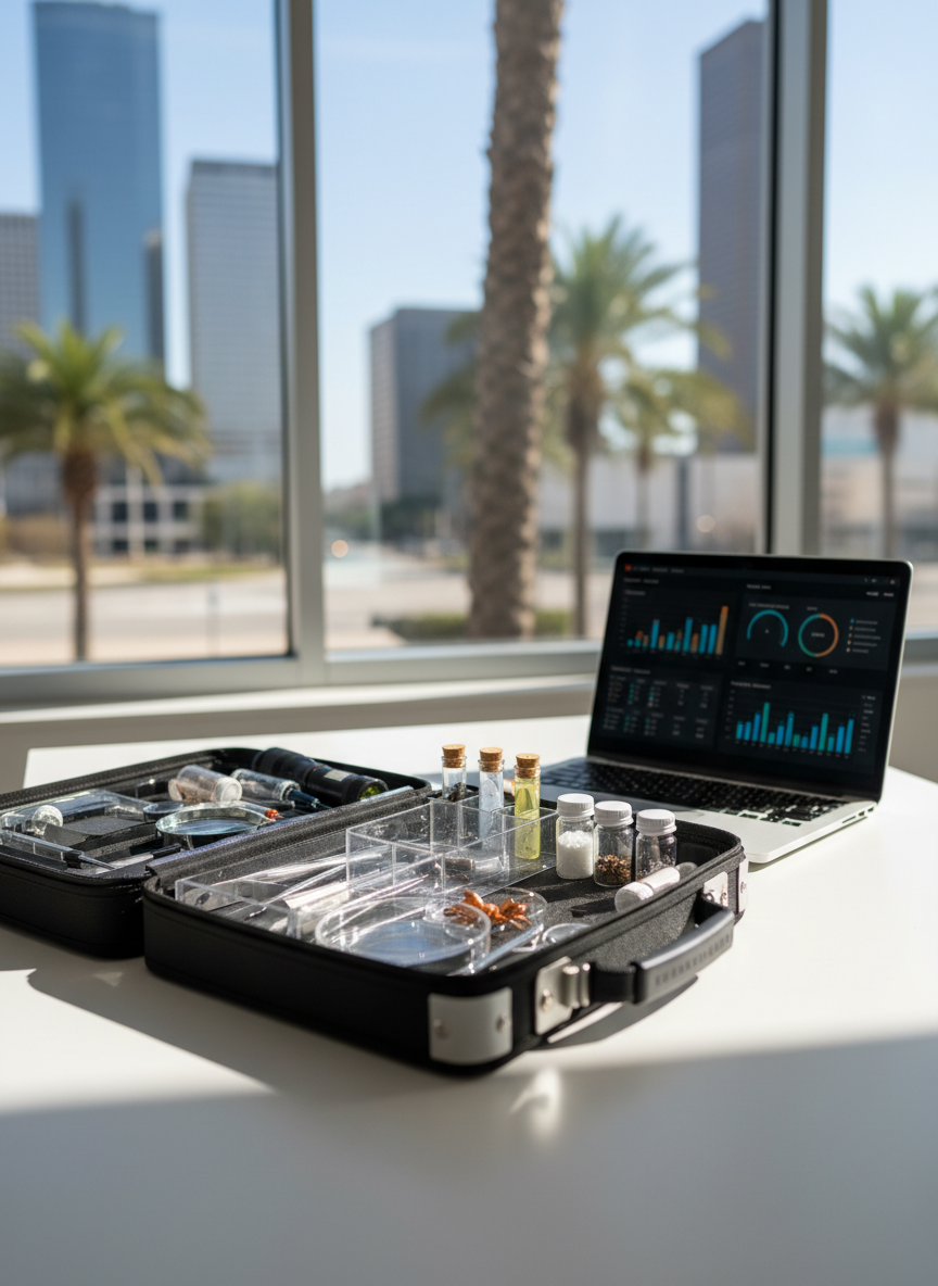 A close-up of a professional sales setup in a bright, minimalist office, showcasing a detailed pest-control field kit laid open on a smooth white desk. Inside the kit, neatly organized, non-branded tools and sample containers sit beside a sleek laptop displaying an abstract sales dashboard. Behind the desk, a large window reveals a subtle glimpse of palm trees and modern Houston buildings. Clean midday natural light streams in, casting defined shadows and metallic reflections on the tools. Photographic realism, shallow depth of field with the kit in sharp focus and background softly blurred, creating a bold, precise, results-driven mood that emphasizes real-world sales readiness.