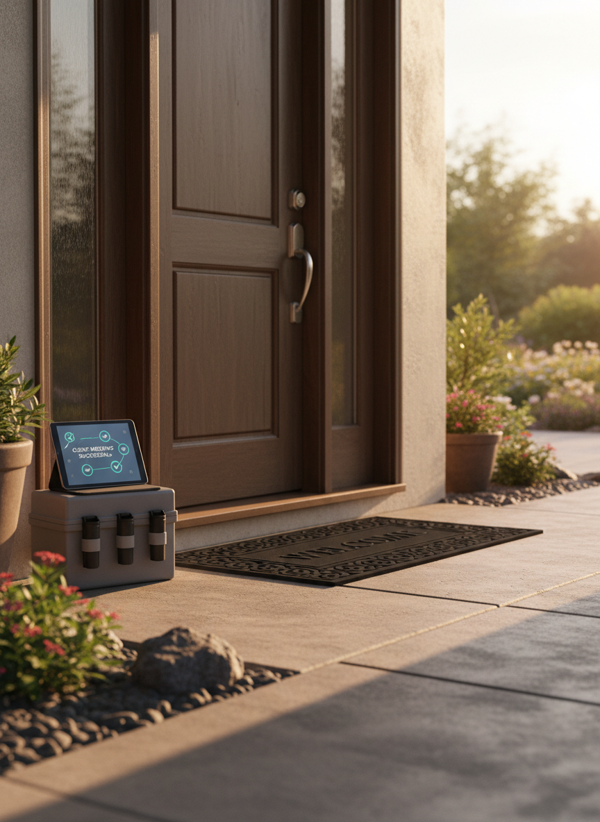 A polished residential front entryway at golden hour, viewed from the walkway, with a clean, modern doormat and a discreet, unbranded pest-control inspection kit placed neatly beside the door. A sleek tablet rests on the kit, its screen showing a stylized, abstract checklist and approval icons, symbolizing a successful client meeting. Warm, low sunlight casts long, dramatic shadows across the textured concrete and highlights the rich color of the door. Photographic realism, captured at a slightly low angle with moderate depth of field, background landscaping softly blurred. The mood is confident and optimistic, subtly showcasing the real-world environment of top-performing pest control sales reps.