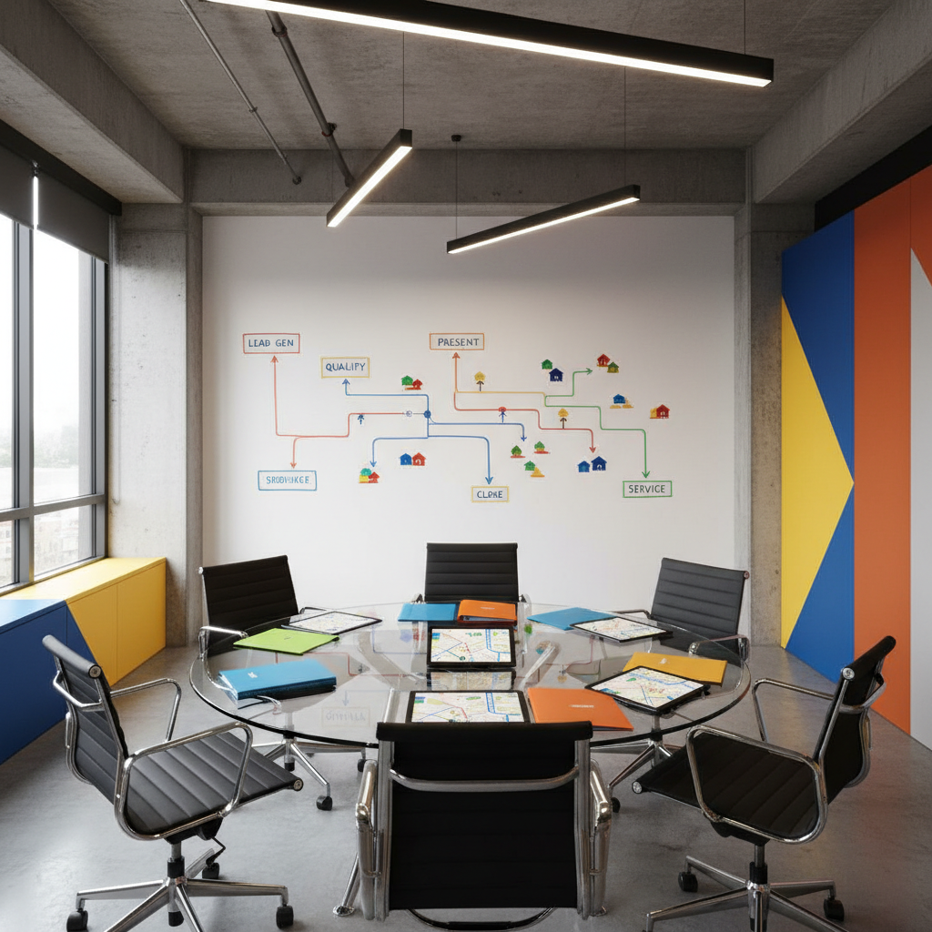 An energetic team collaboration scene represented without people: several ergonomic office chairs slightly pulled back from a circular glass table covered with color-coded folders, tablets showing simplified route maps of suburban neighborhoods, and a large, unbranded whiteboard filled with abstracted pipeline diagrams. The room features exposed concrete accents and bold accent colors suggestive of a high-performance culture. Overhead LED lighting combines with soft, indirect window light, creating crisp, even illumination with subtle reflections in the glass tabletop. Photographic realism, shot from a slightly elevated angle using the rule of thirds, conveying a bold, strategic atmosphere of coordinated pest-control sales planning.
