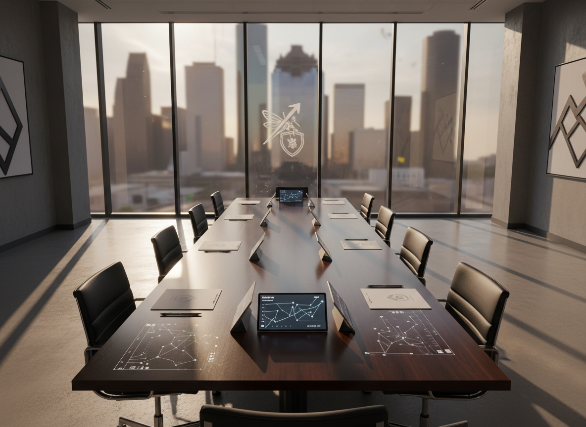 A sleek, modern sales training workspace designed for pest control recruiting, with a long, dark wood conference table dominating the center. On the table, neatly arranged digital tablets display stylized, abstract charts of growth and performance, alongside clean notepads and metallic pens. Large floor-to-ceiling windows reveal a soft-focus, contemporary Houston skyline in the distance. Late afternoon natural light pours in, creating bold highlights along the table’s glossy surface and crisp shadows on the floor. Photographic realism, shot at eye level with a wide-angle lens, sharp focus throughout, conveying a bold, high-energy atmosphere of elite preparation and opportunity.